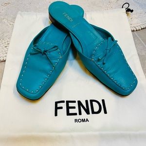 Authentic Fendi Turquoise leather mules 38 slides flats